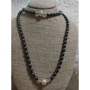 DEMI PARURE HEMATITE faux pearl BEADED JEWELRY SET